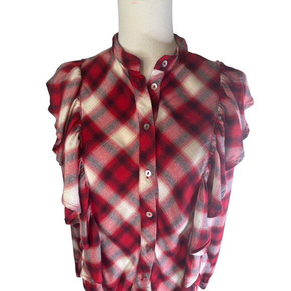 2/$30 Zara Basic Small Denim Red & White Plaid Ruffled Button-Up Blouse - Picture 7 of 15